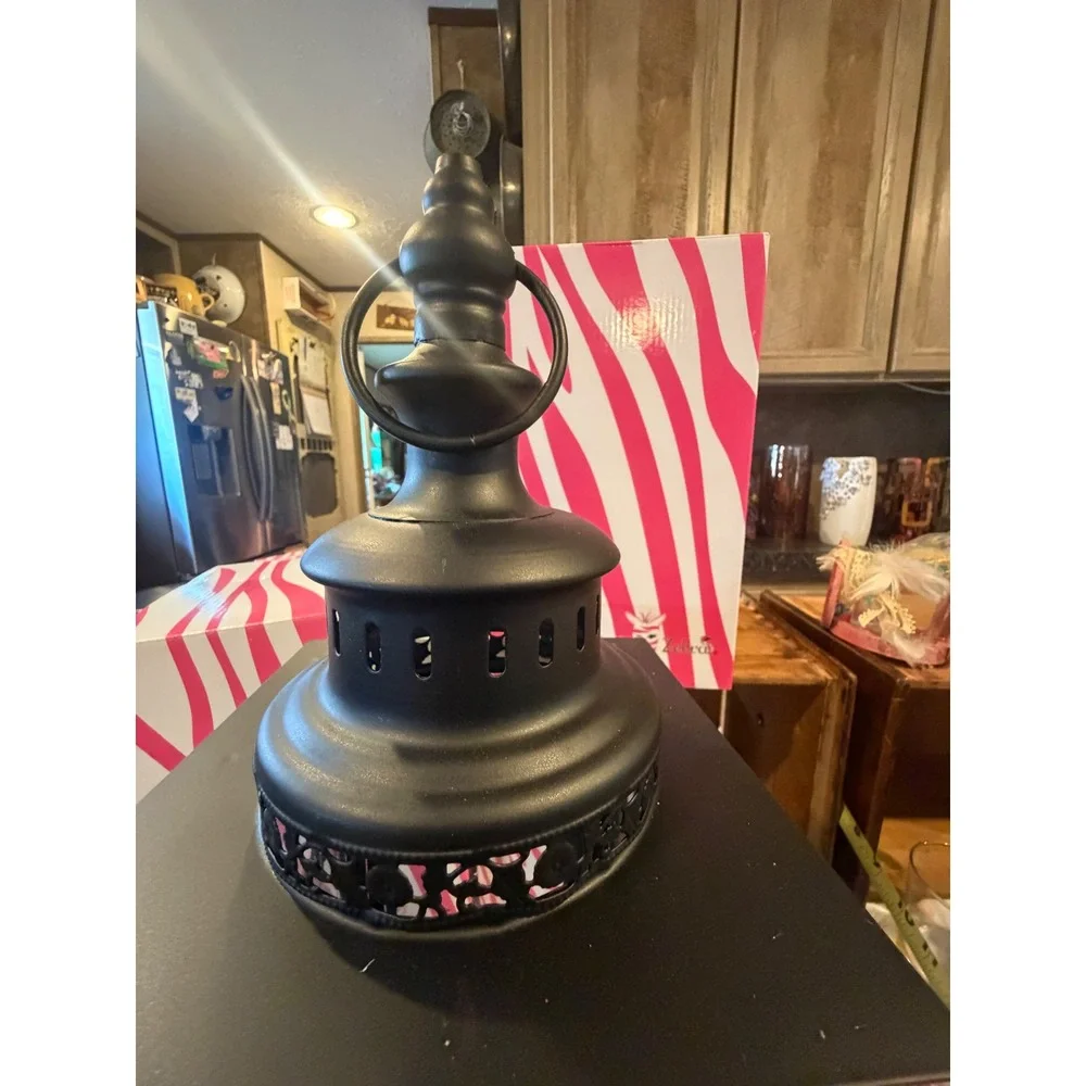 Pink Zebra Simmering Lights Lantern Black Metal Scrollwork Filigree